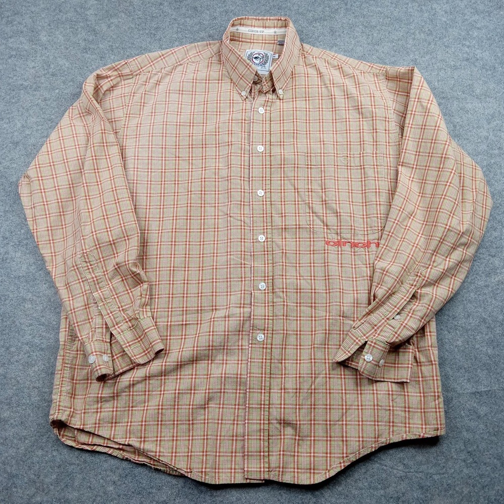 Cinch Shirt Mens Medium Orange Plaid Button Down Collar Long Sleeve Western